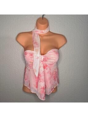 🌸 Y2K Pink mesh floral strapless top with scarf🌸